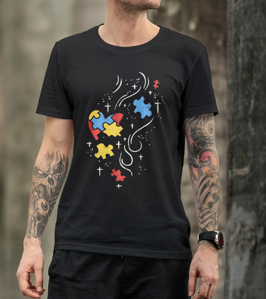 Autism Awareness Puzzle Ribbon Heart Crosses T-Shirt