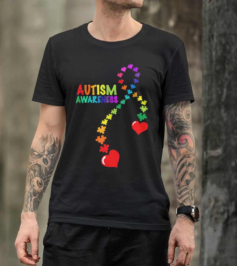 Autism Awareness Puzzle Heart Ribbon Rainbow T-Shirt
