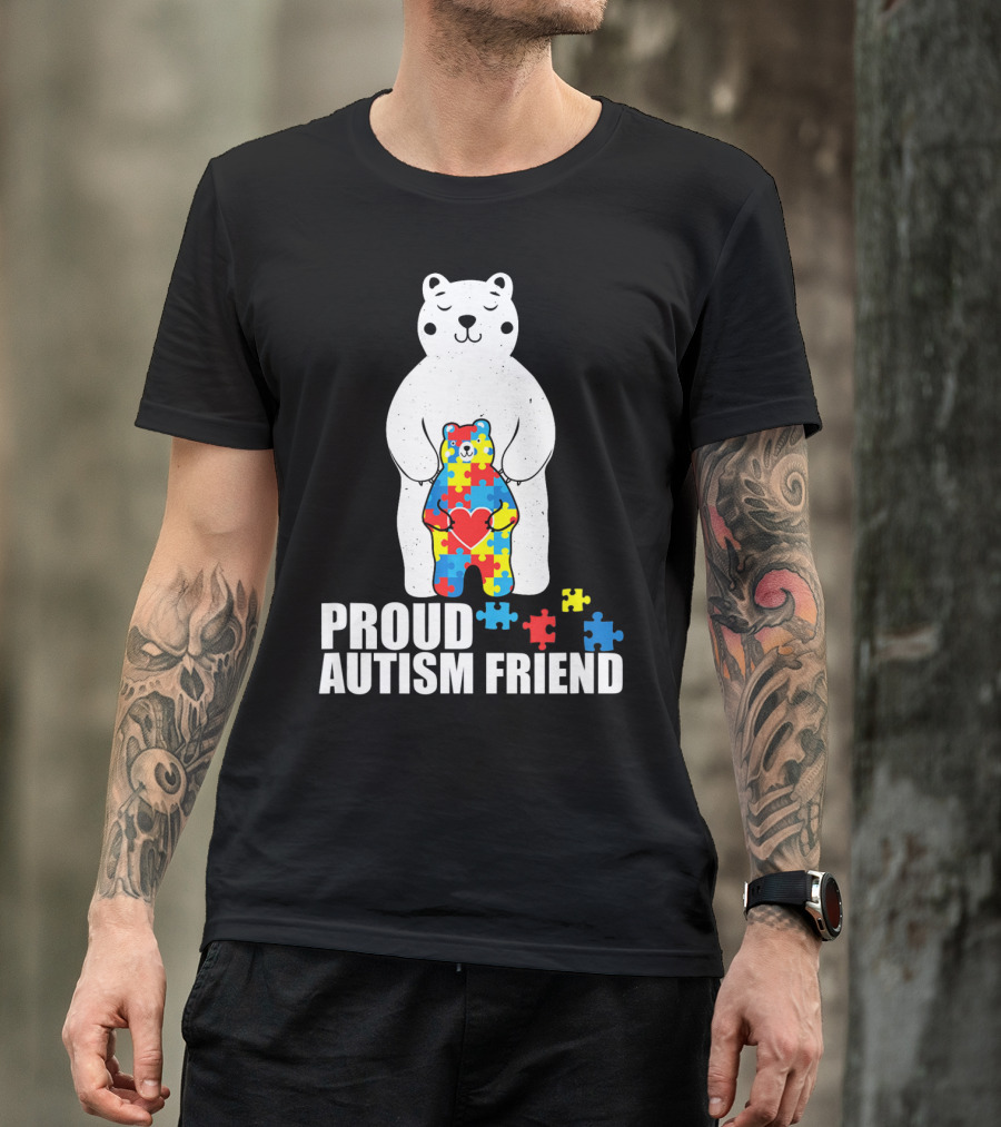 Proud Autism Friend Bear With Colorful Puzzle Pieces T-Shirt