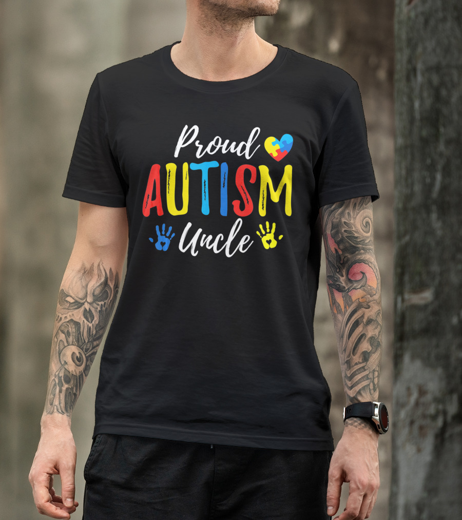 Proud Uncle Autism Awareness Heart Puzzle Handprints T-Shirt