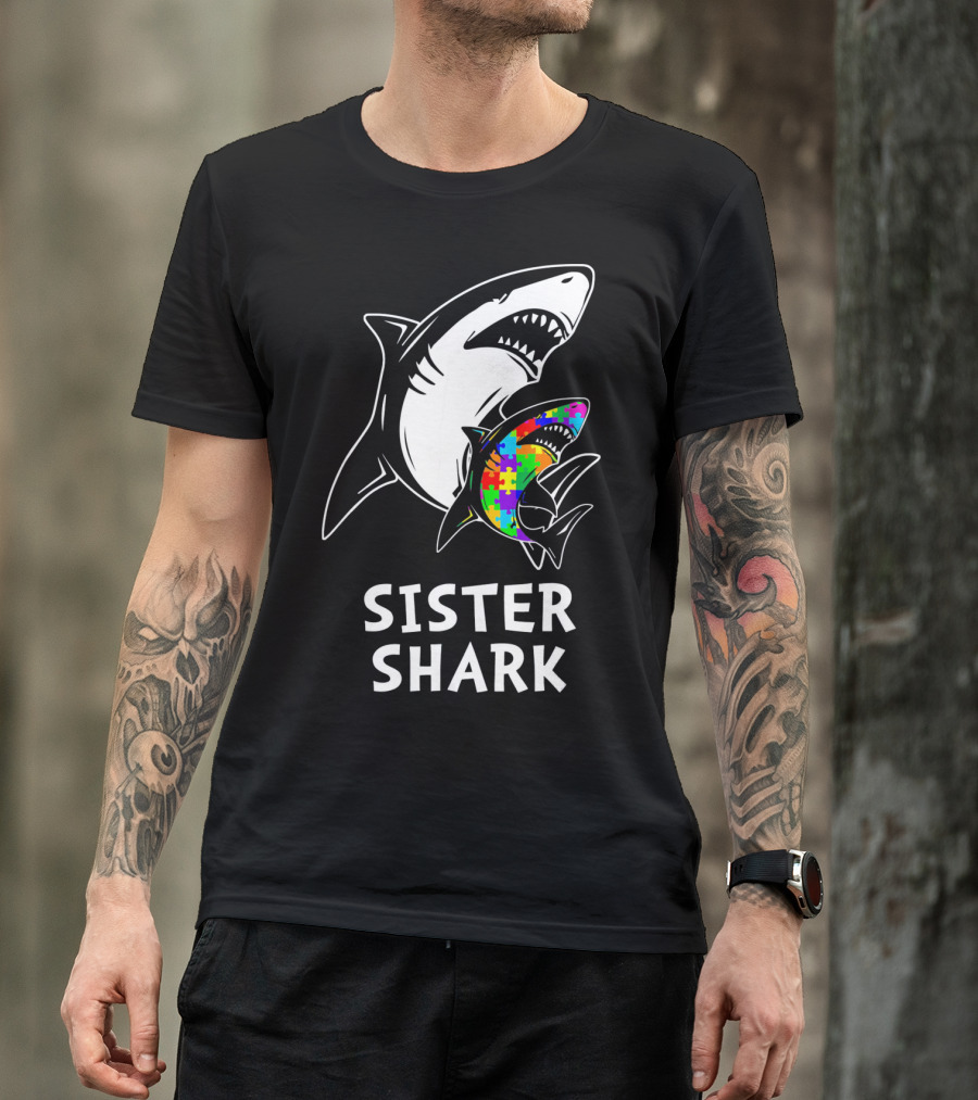 Sister Shark Autism Awareness Puzzle T-Shirt
