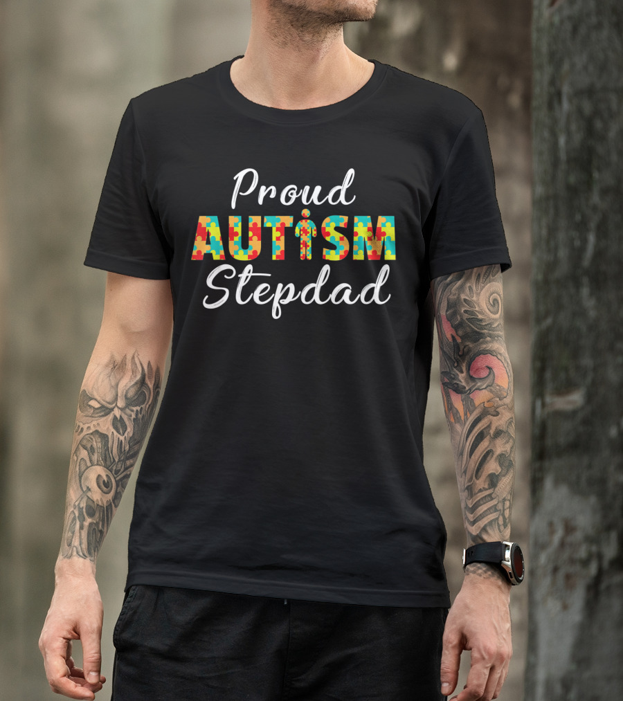 Proud Autism Stepdad Puzzle Awareness T-Shirt