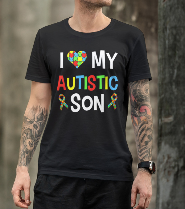 I Love My Autistic Son With Puzzle Heart And Autism Awareness Ribbons T-Shirt