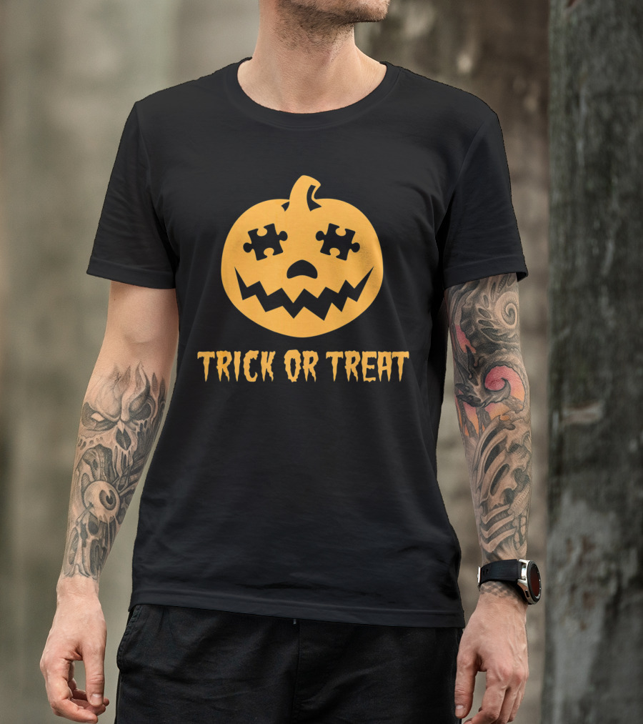 Trick Or Treat Halloween Autism Awareness Pumpkin Puzzle T-Shirt