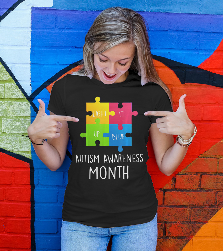 Light It Up Blue Autism Awareness Month Puzzle Piece T-Shirt