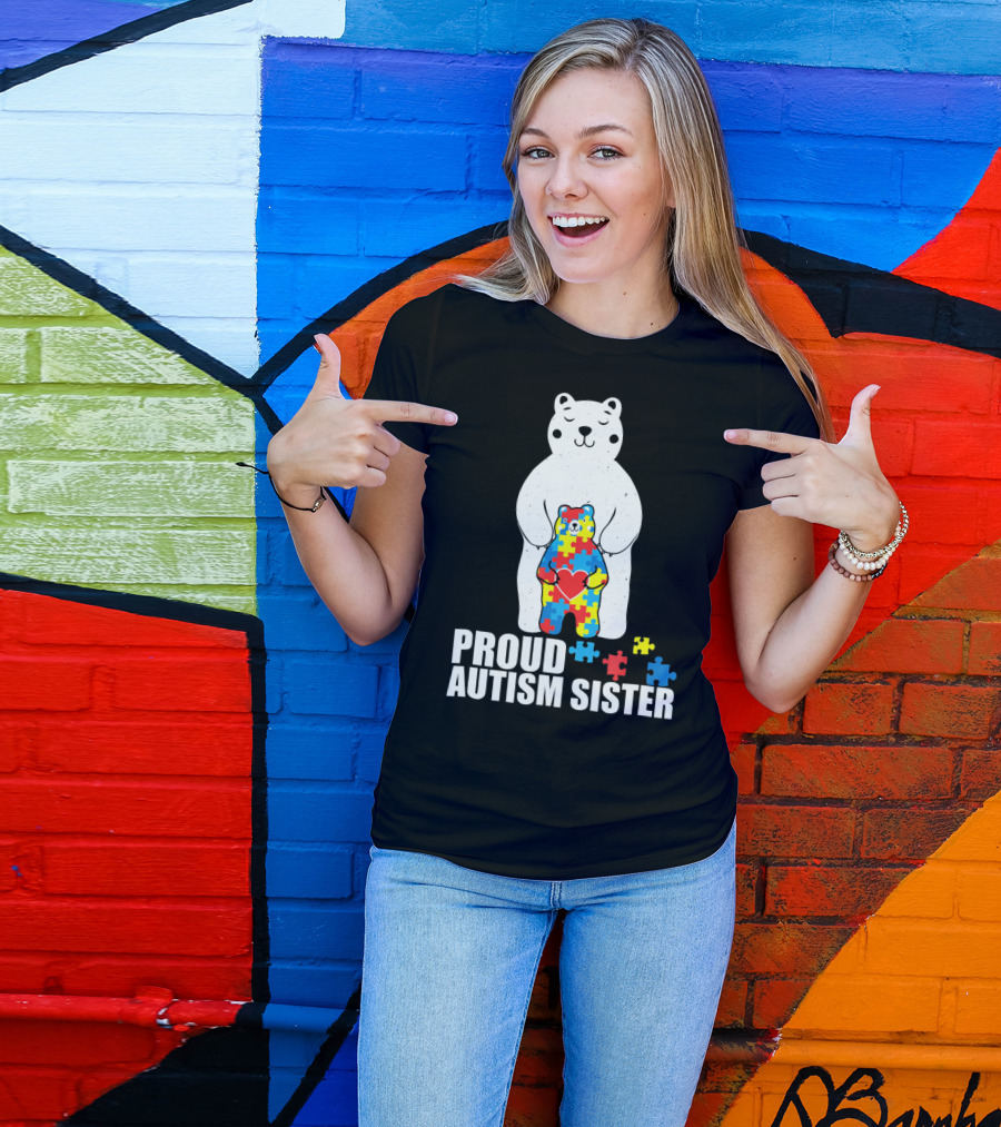Proud Autism Sister Bear Puzzle Heart Multicolor T-Shirt
