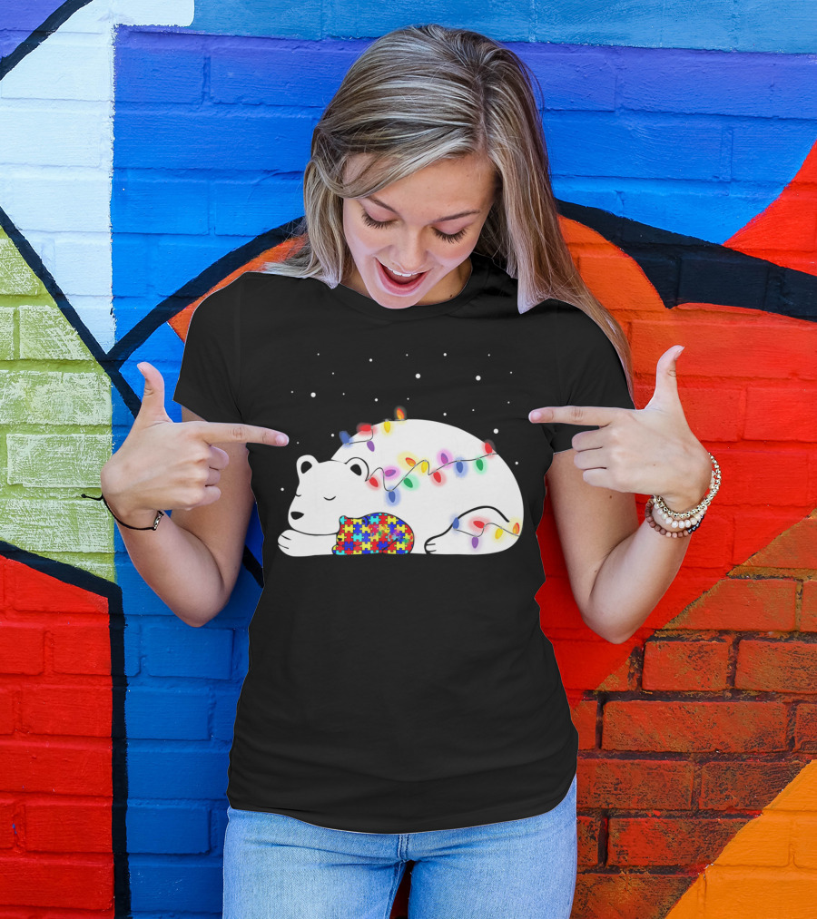 Autism Awareness Mama Bear Christmas Lights Puzzle T-Shirt