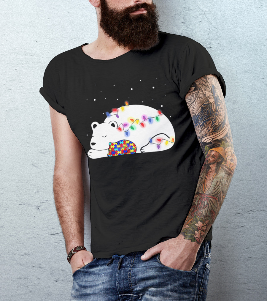 Autism Awareness Mama Bear Christmas Lights Puzzle T-Shirt