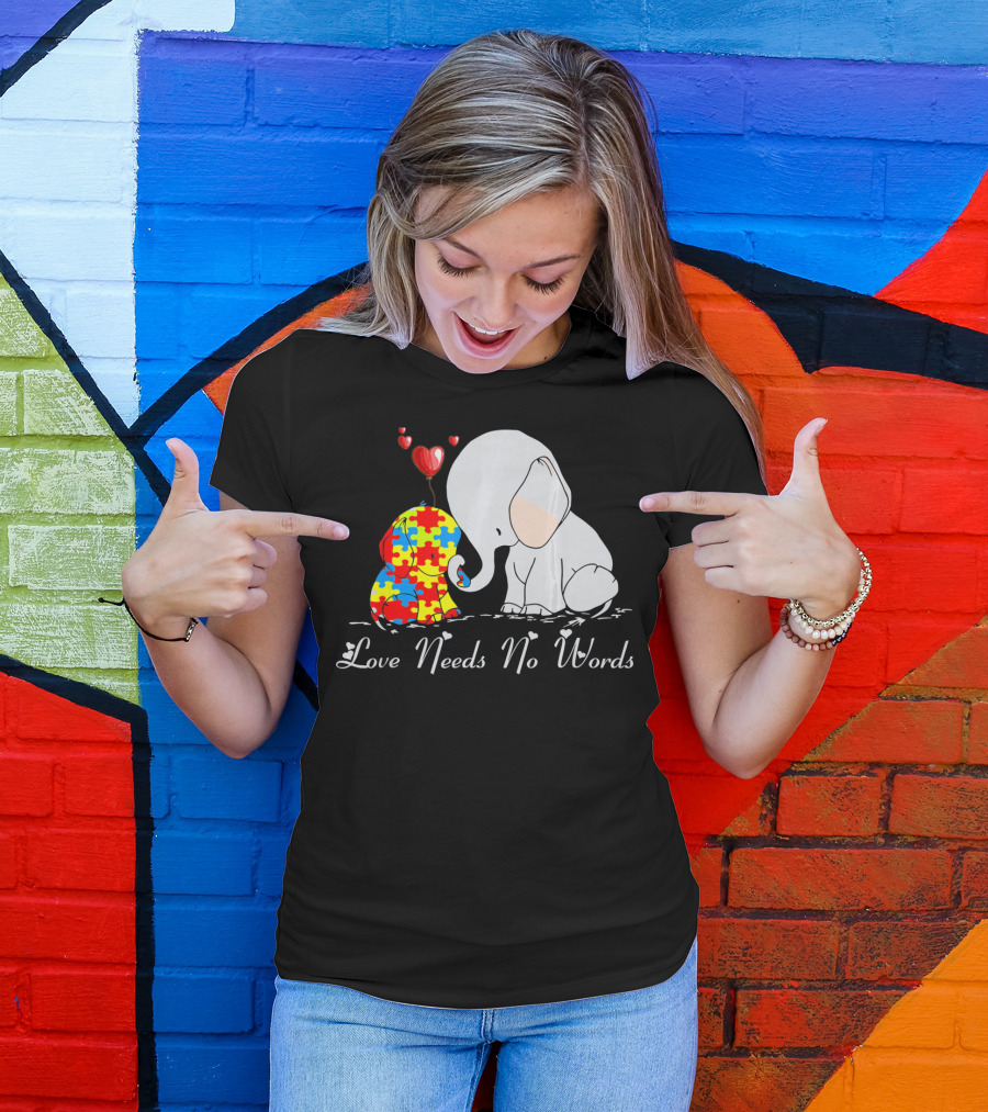 Love Needs No Words Autism Awareness Elephant Puzzle Hearts T-Shirt