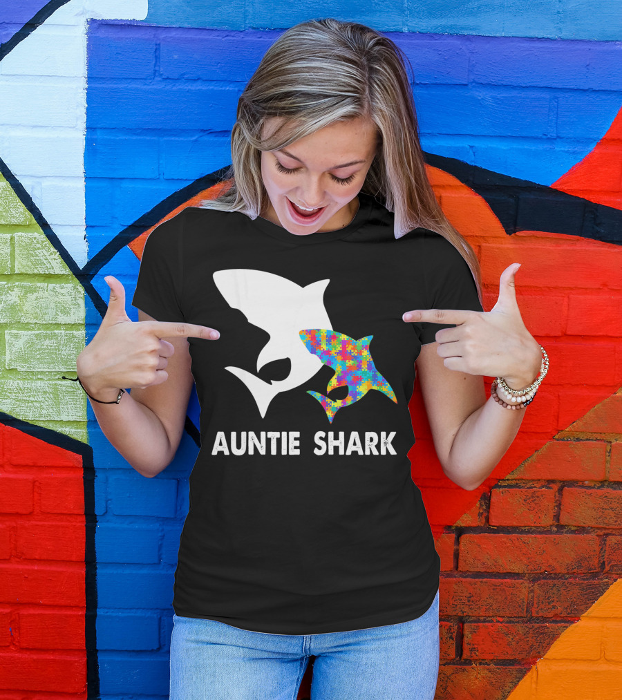 Auntie Shark Autism Puzzle Piece Warrior T-Shirt