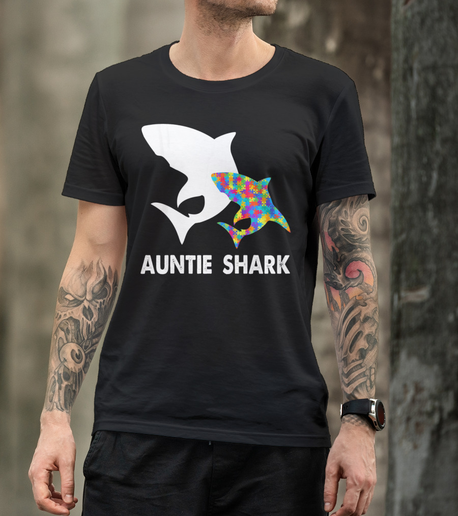 Auntie Shark Autism Puzzle Piece Warrior T-Shirt