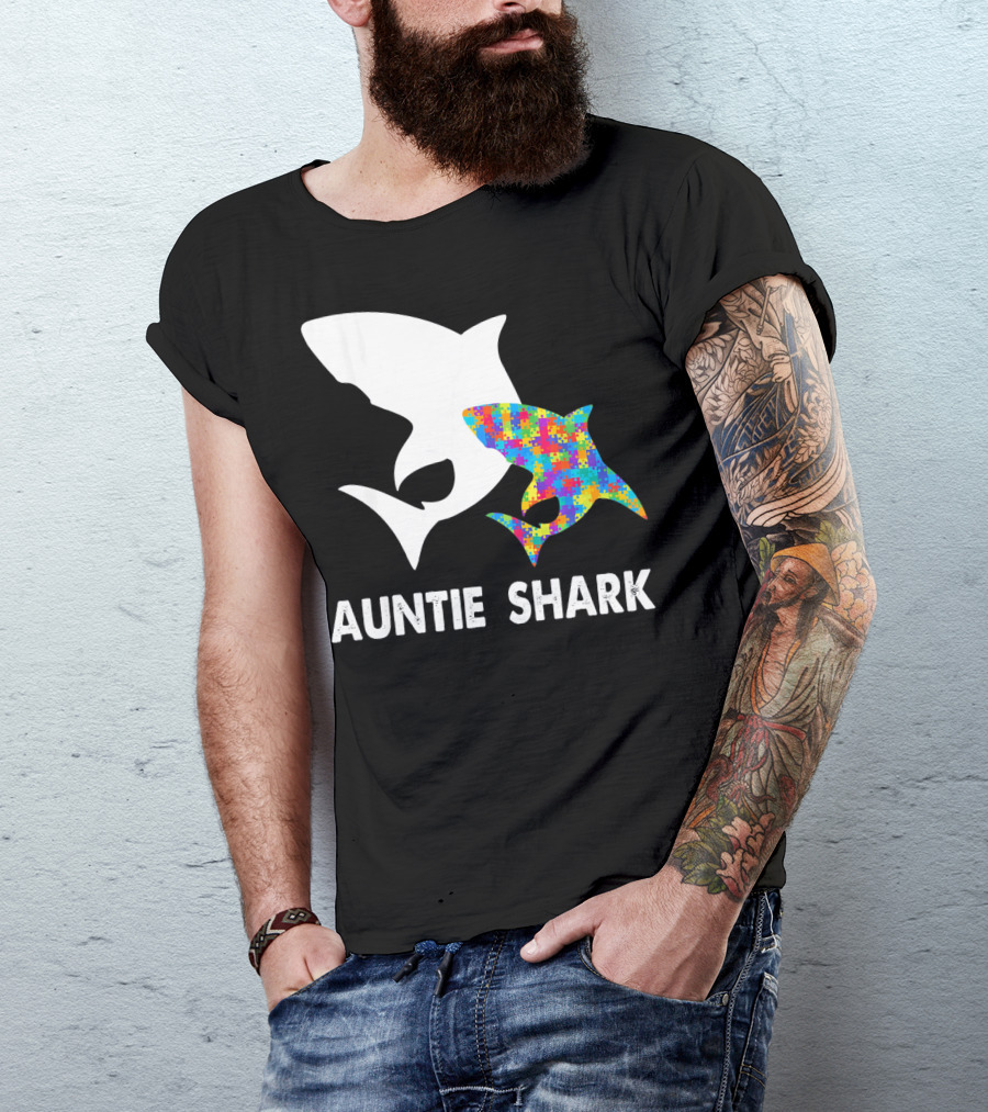 Auntie Shark Autism Puzzle Piece Warrior T-Shirt