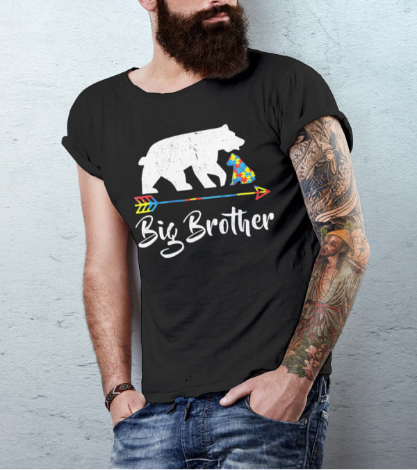 Big Brother Bear Autism Awareness Puzzle Pattern Arrow T-Shirt