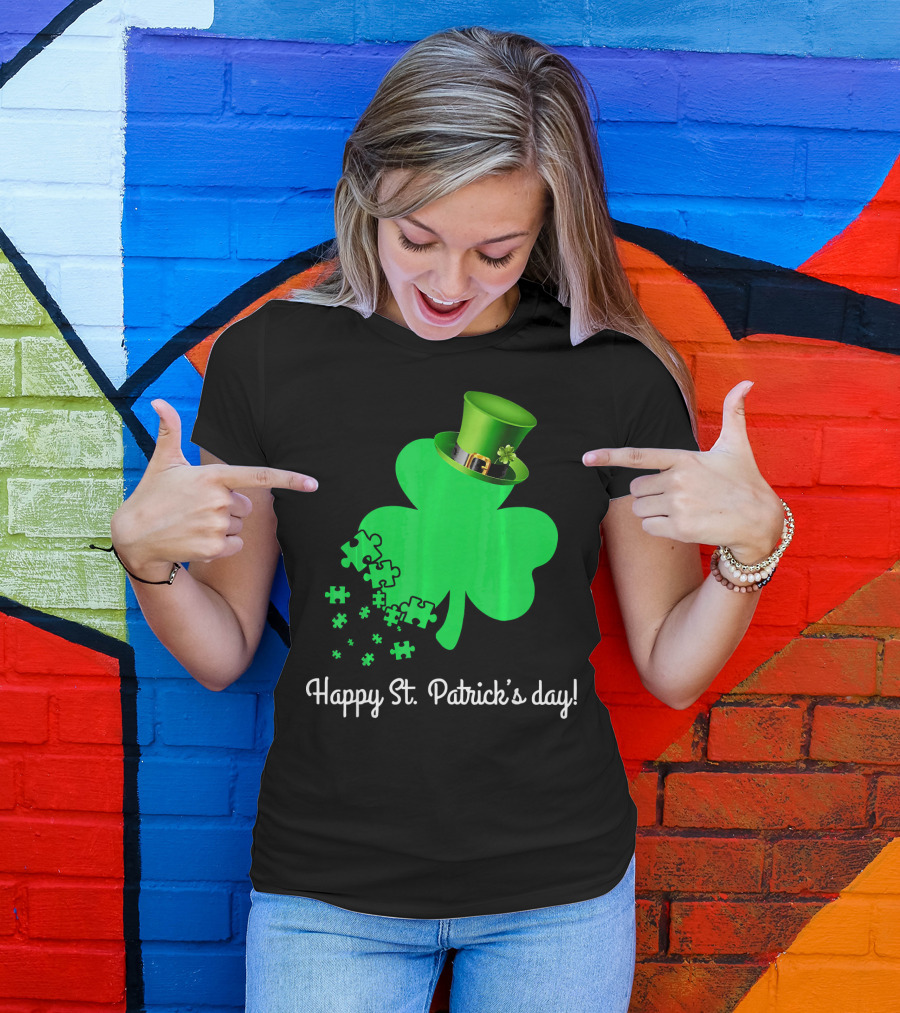 Happy St. Patrick's Day Shamrock With Puzzle Pieces Autism Awareness T-Shirt