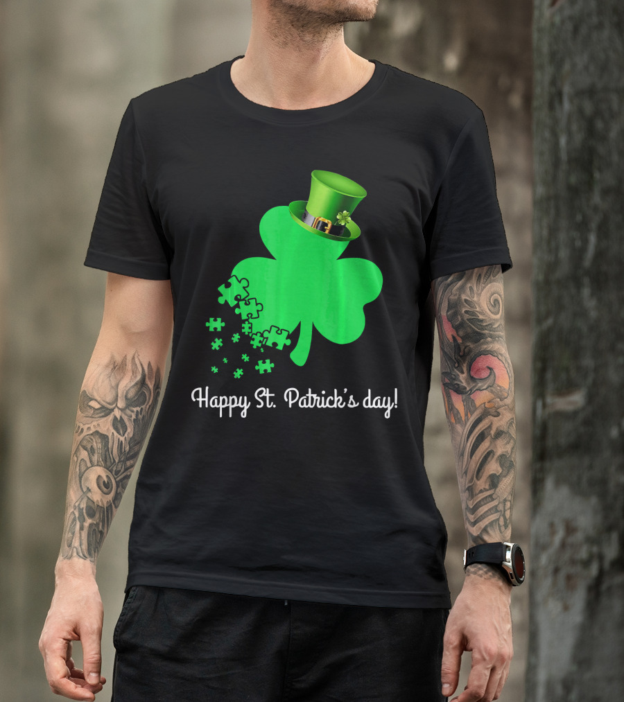 Happy St. Patrick's Day Shamrock With Puzzle Pieces Autism Awareness T-Shirt