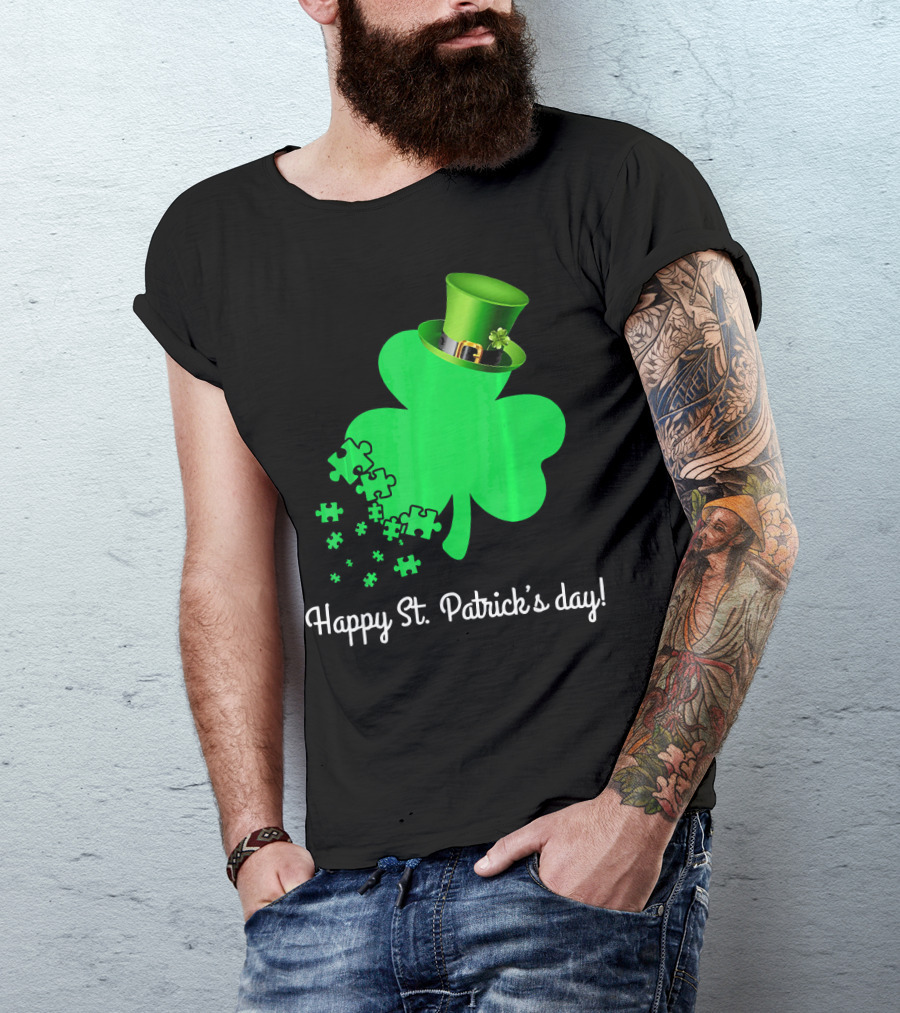 Happy St. Patrick's Day Shamrock With Puzzle Pieces Autism Awareness T-Shirt
