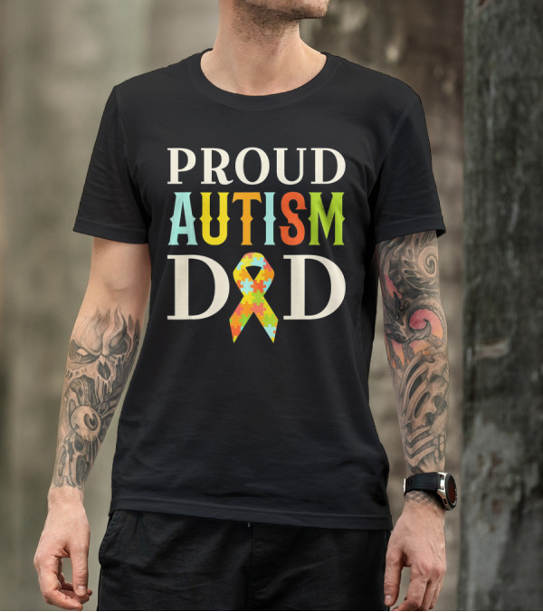 Proud Autism Dad Multicolor Puzzle Ribbon Awareness T-Shirt