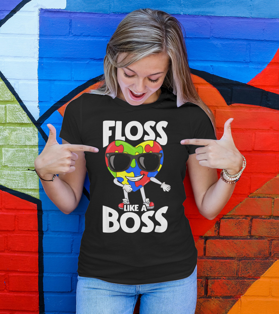 Autism Awareness Floss Like A Boss Puzzle Heart Wearing Sunglasses T-Shirt