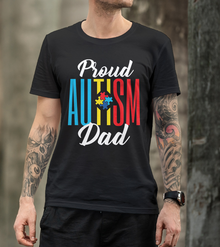 Proud Autism Dad Puzzle Piece Awareness Support T-Shirt
