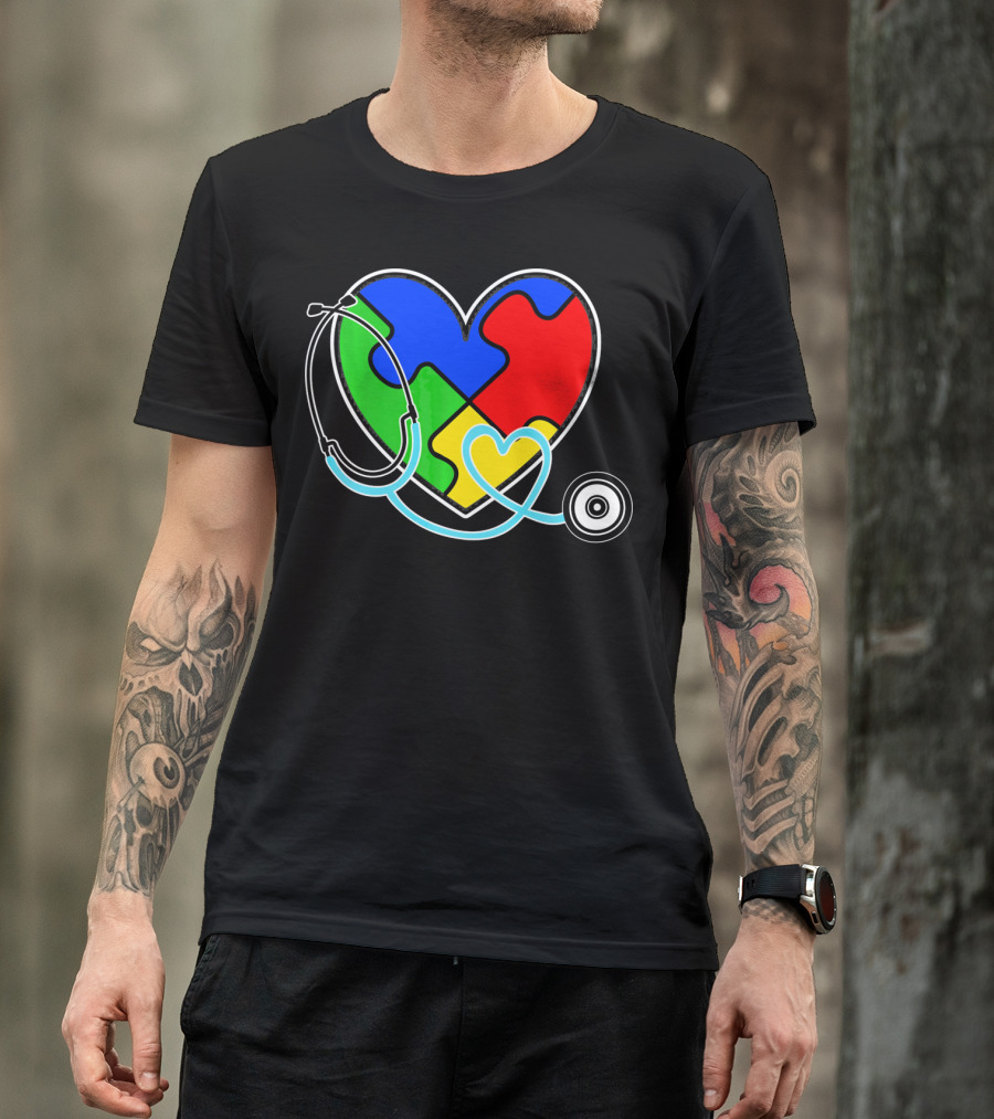 Nurses Autism Awareness Heart With Puzzle Pieces And Stethoscope T-Shirt