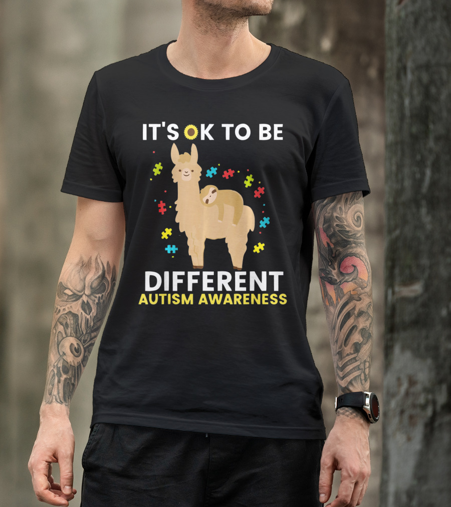 It's OK To Be Different Llama Sloth Autism Awareness T-Shirt