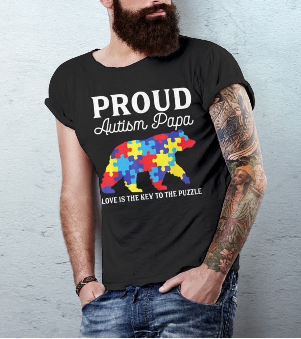Proud Autism Papa Love Is The Key To The Puzzle T-Shirt