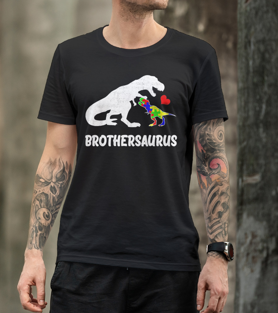 Brothersaurus Strong Dinosaur Autism Heart Puzzle T-Shirt