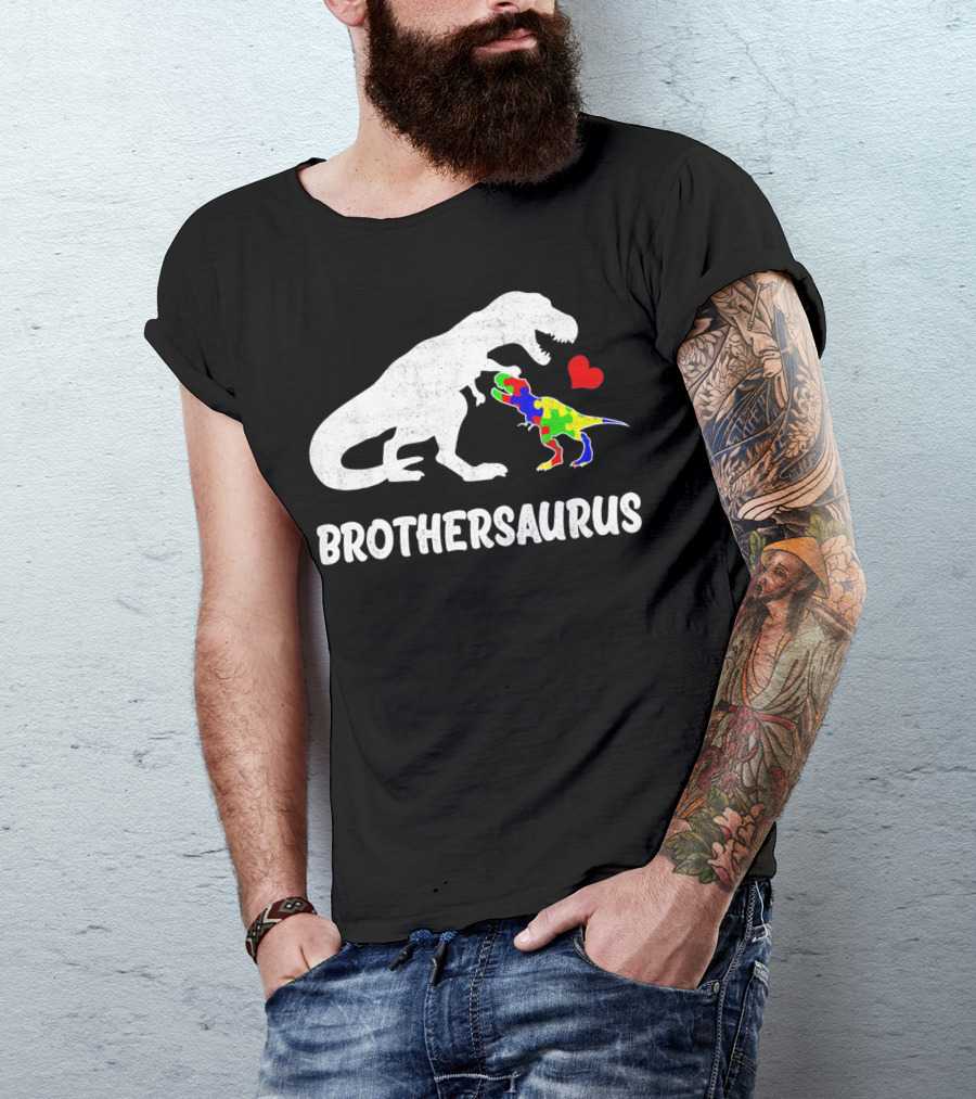 Brothersaurus Strong Dinosaur Autism Heart Puzzle T-Shirt