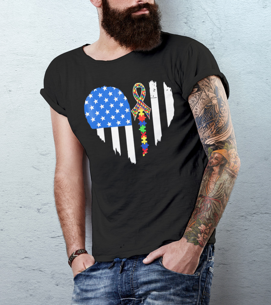 Autism Awareness Heart Shaped Flag With Puzzle Ribbon Be A Better Life T-Shirt