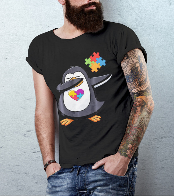 Penguin Dab Puzzle Piece Heart Autism Awareness T-Shirt