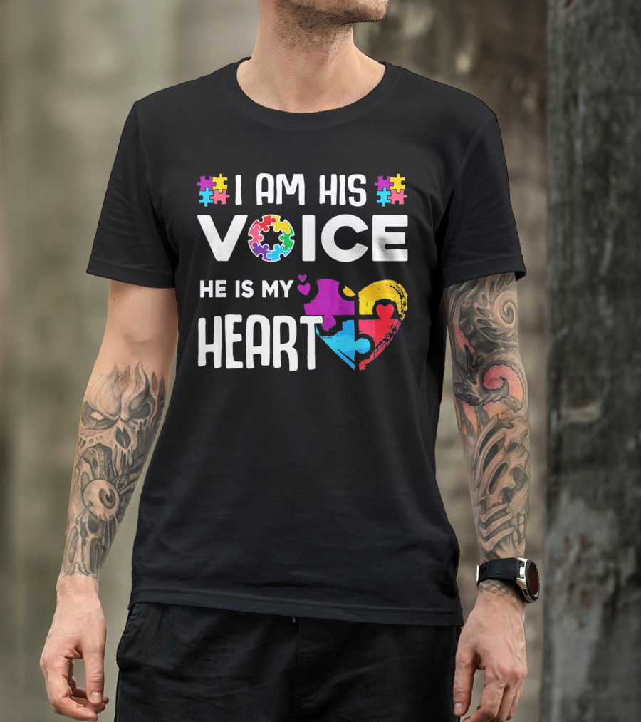 Autism Awareness I Am His Voice He Is My Heart Puzzle Piece Heart T-Shirt