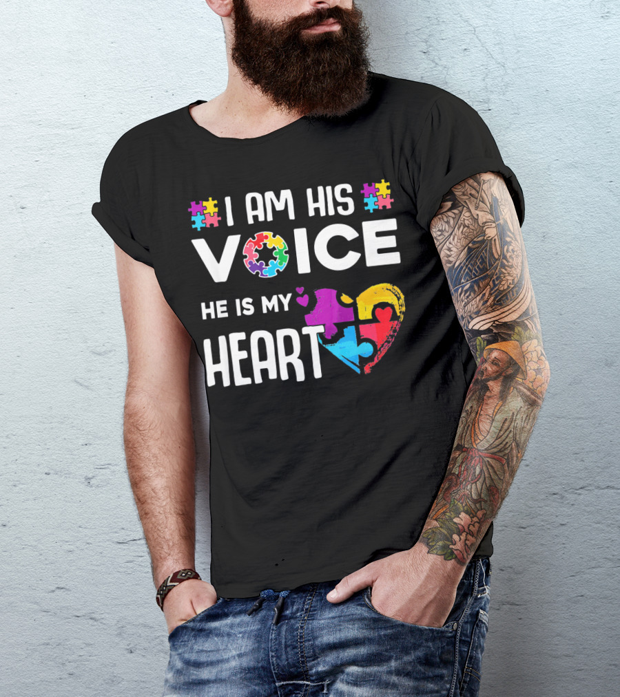 Autism Awareness I Am His Voice He Is My Heart Puzzle Piece Heart T-Shirt