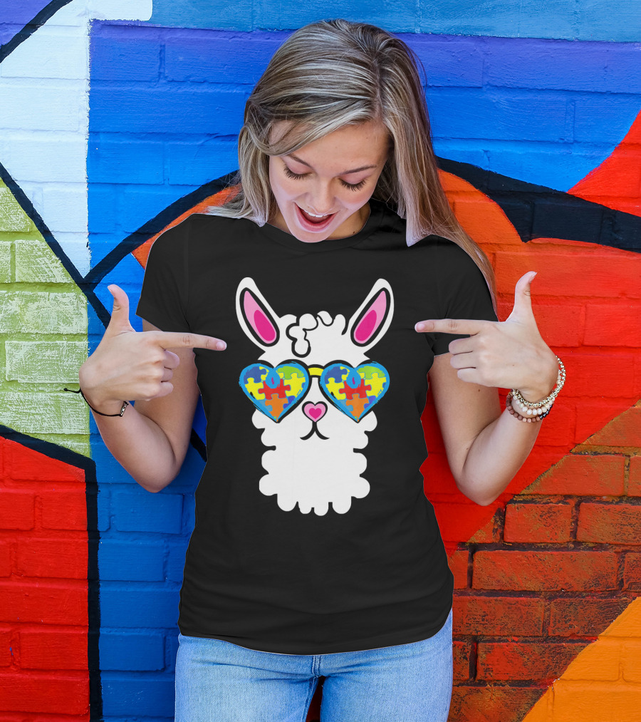 Autism Awareness Llama Heart Puzzle Sunglasses T-Shirt