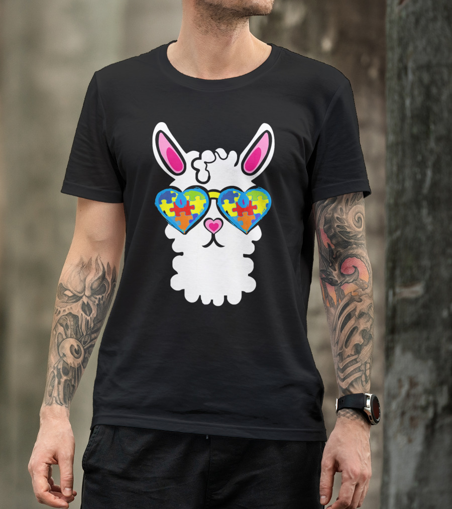 Autism Awareness Llama Heart Puzzle Sunglasses T-Shirt