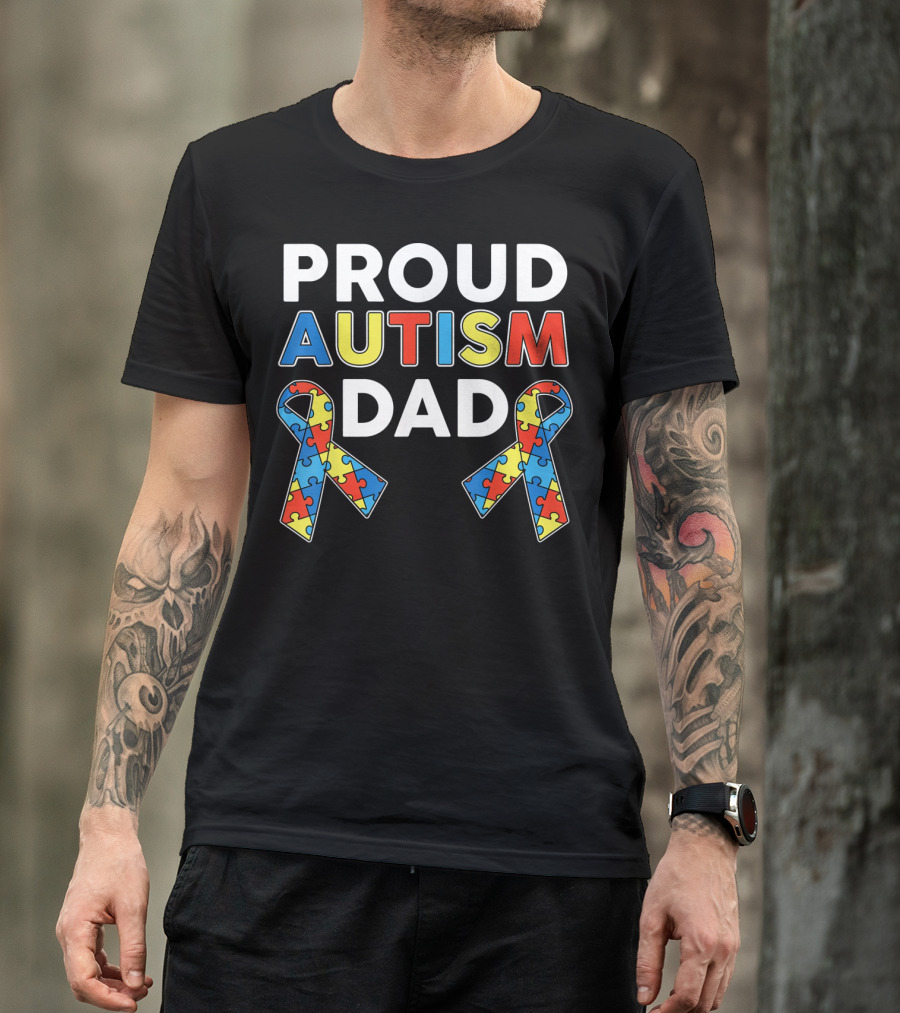 Proud Autism Dad Awareness Ribbon Puzzle T-Shirt