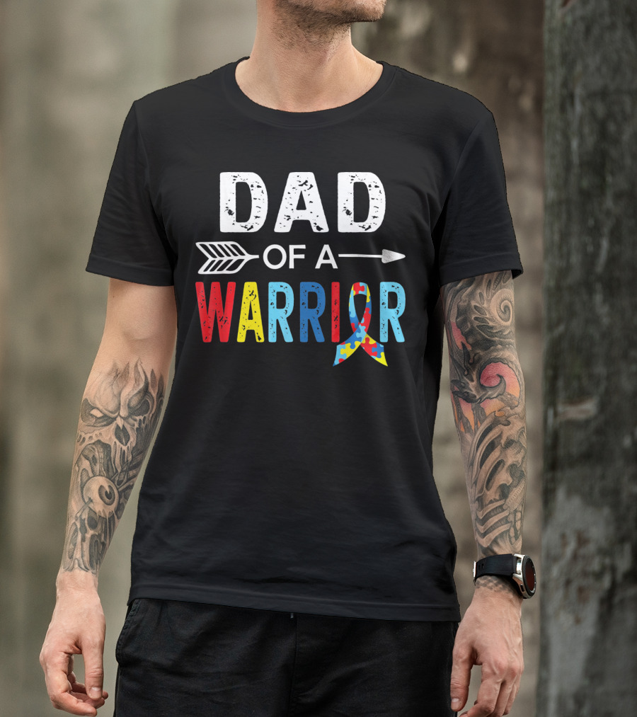Dad Of A Warrior Autism Awareness Puzzle Ribbon Arrow T-Shirt