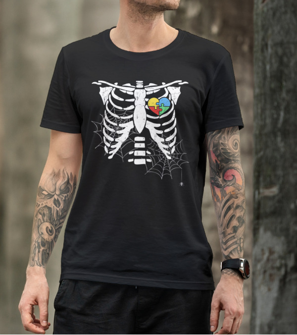 Autism Awareness Halloween Rib Cage With Heart Puzzle And Spider Webs T-Shirt