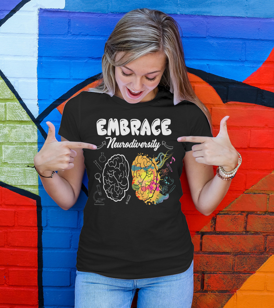 Embrace Neurodiversity Brain Autism Awareness Colorful Science Music Art Icons T-Shirt