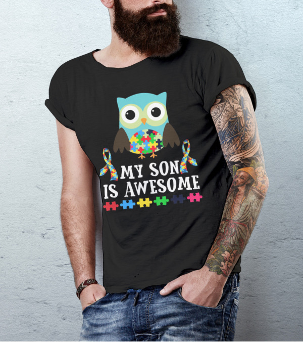 My Son Is Awesome Autism Awareness Puzzle Owl T-Shirt