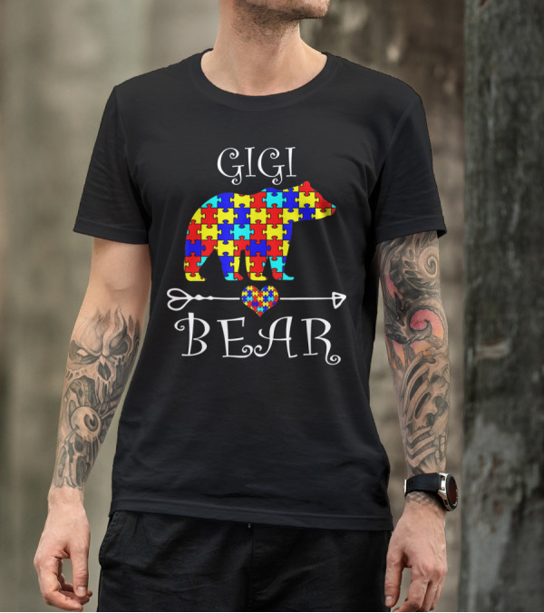 Gigi Bear Puzzle Arrow Heart Autism Awareness T-Shirt