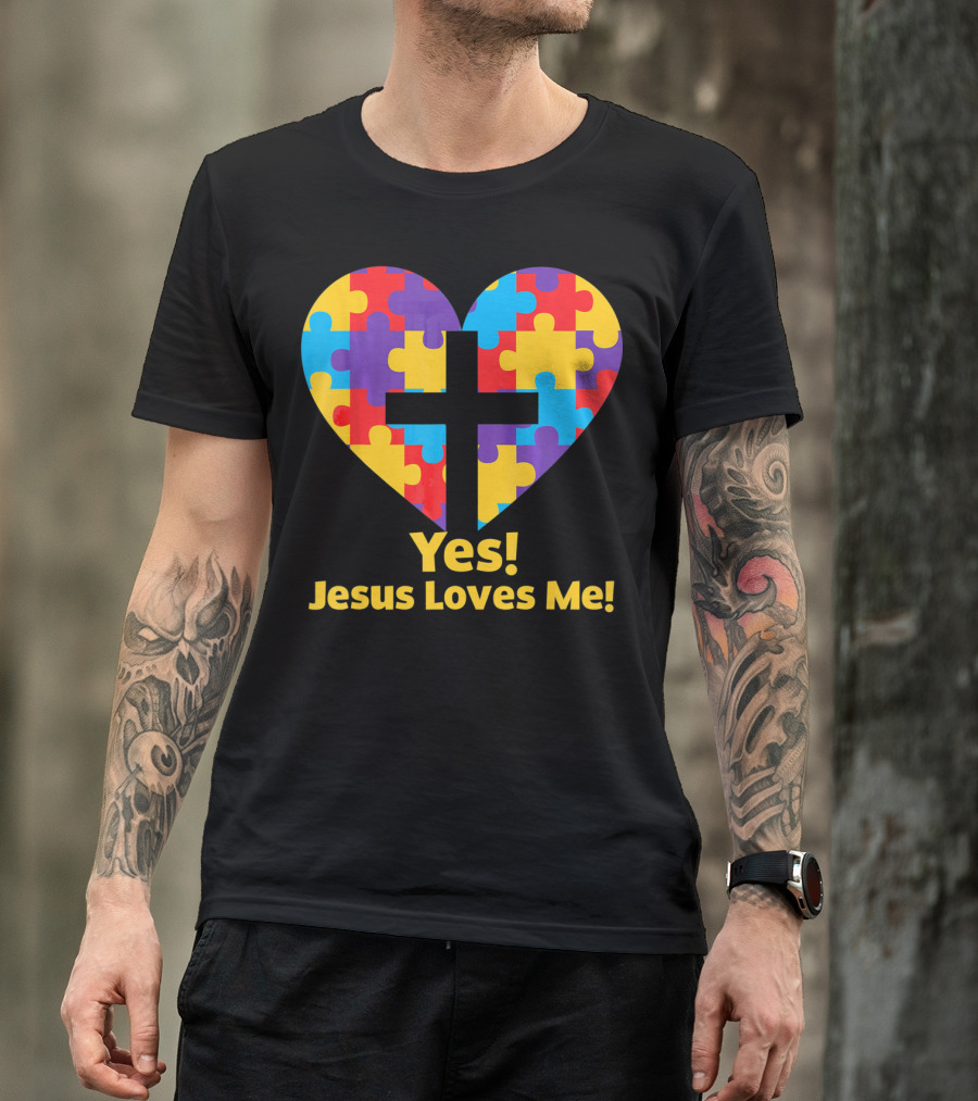 Yes Jesus Loves Me Autism Awareness Catholic Christian Cross Heart Puzzle T-Shirt