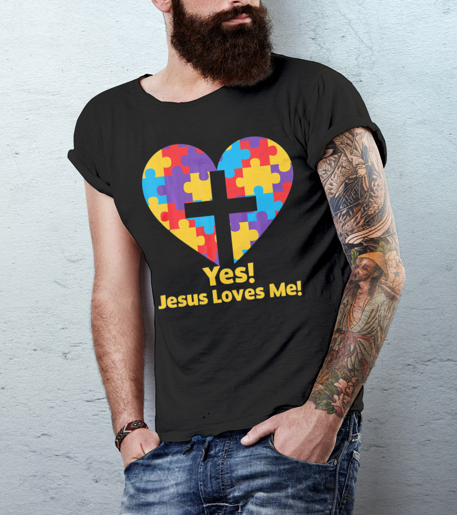 Yes Jesus Loves Me Autism Awareness Catholic Christian Cross Heart Puzzle T-Shirt