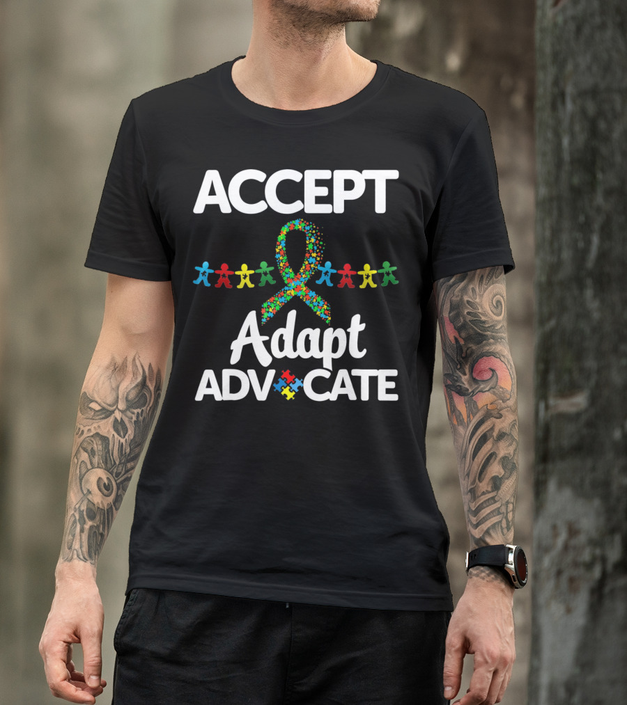 Accept Adapt Advocate Autism Awareness Puzzle Ribbon And Figures T-Shirt