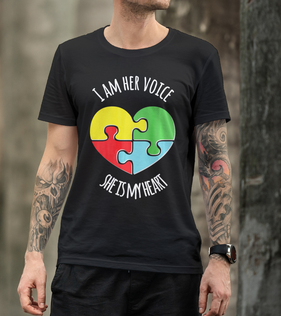 I Am Her Voice Autism Awareness She Is My Heart Puzzle Piece T-Shirt