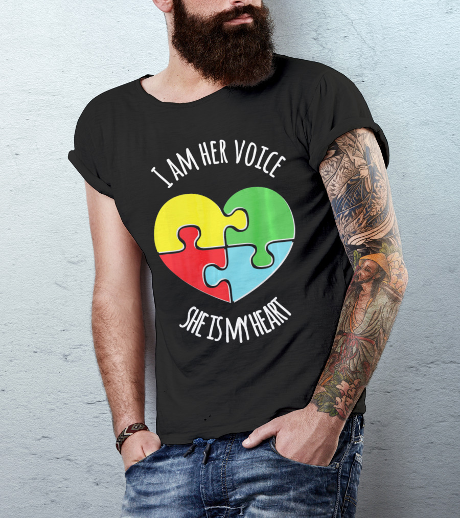 I Am Her Voice Autism Awareness She Is My Heart Puzzle Piece T-Shirt