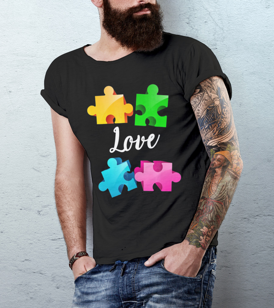 Autism Awareness Love With Colorful Puzzle Pieces T-Shirt