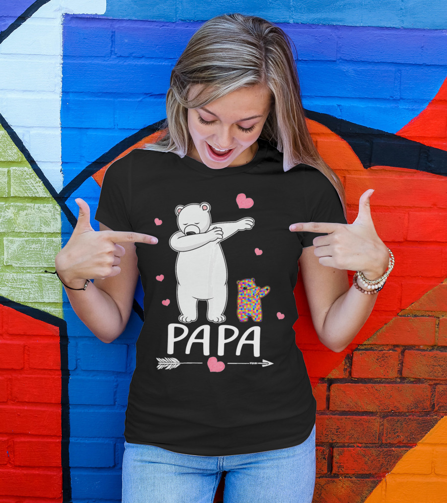 Papa Bear Dabbing With Autism Awareness Puzzle Bear And Hearts T-Shirt