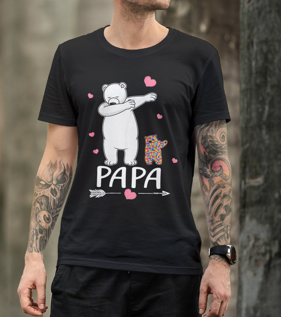 Papa Bear Dabbing With Autism Awareness Puzzle Bear And Hearts T-Shirt