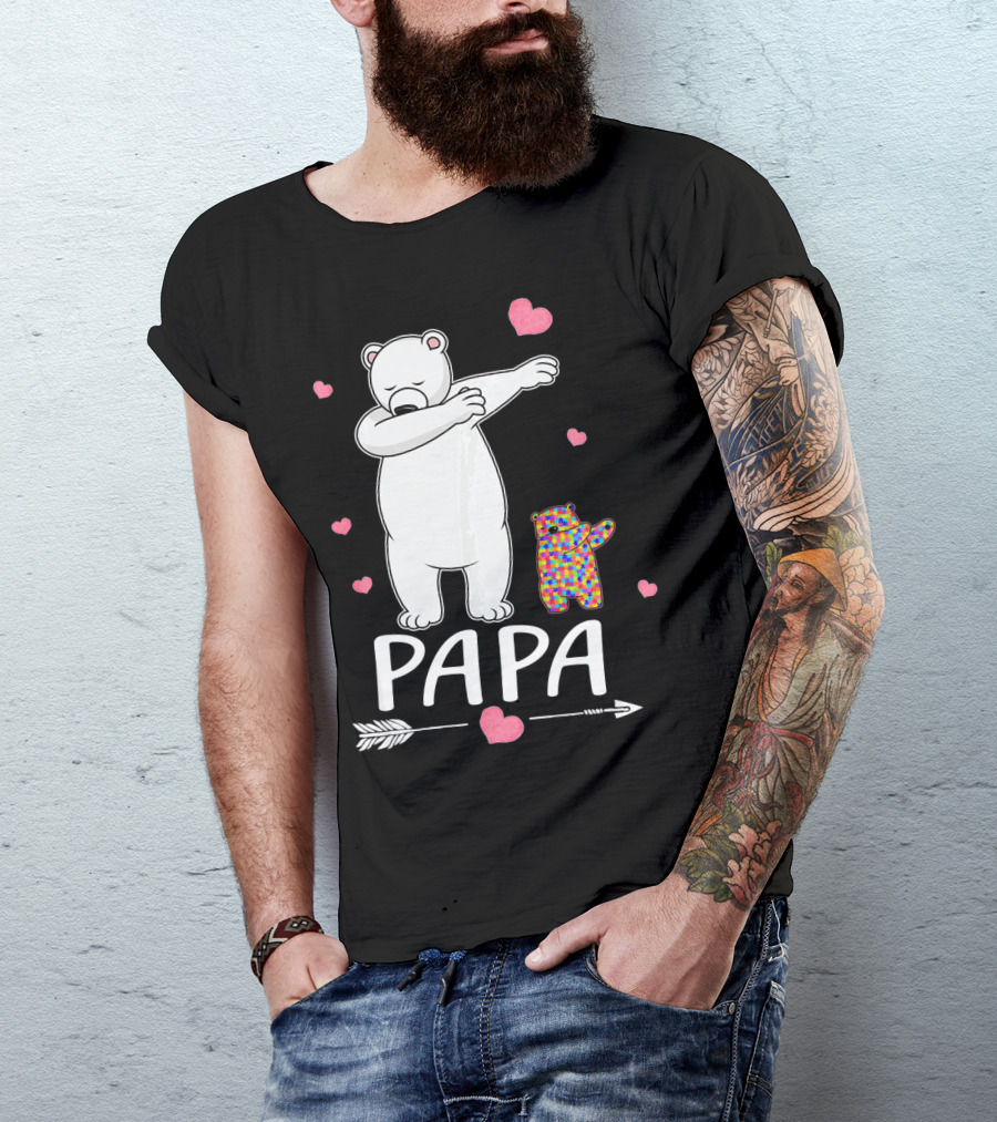 Papa Bear Dabbing With Autism Awareness Puzzle Bear And Hearts T-Shirt