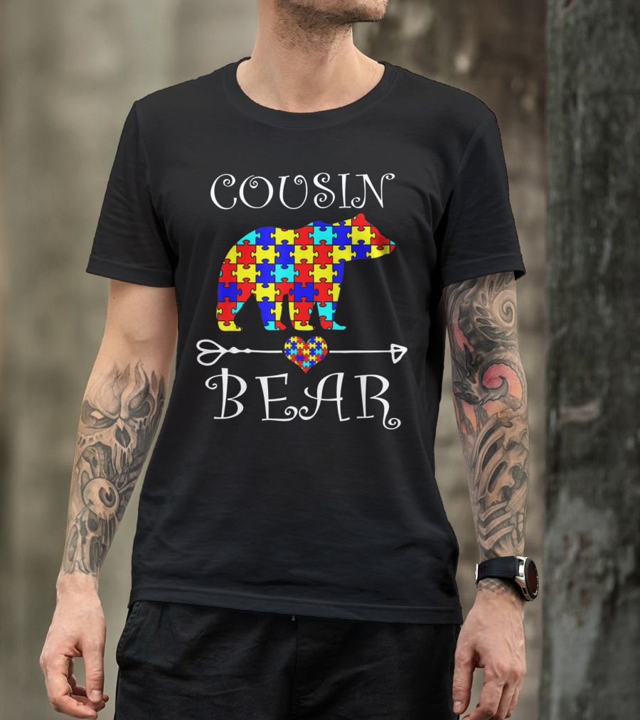Cousin Bear Autism Awareness Puzzle Arrow Heart T-Shirt
